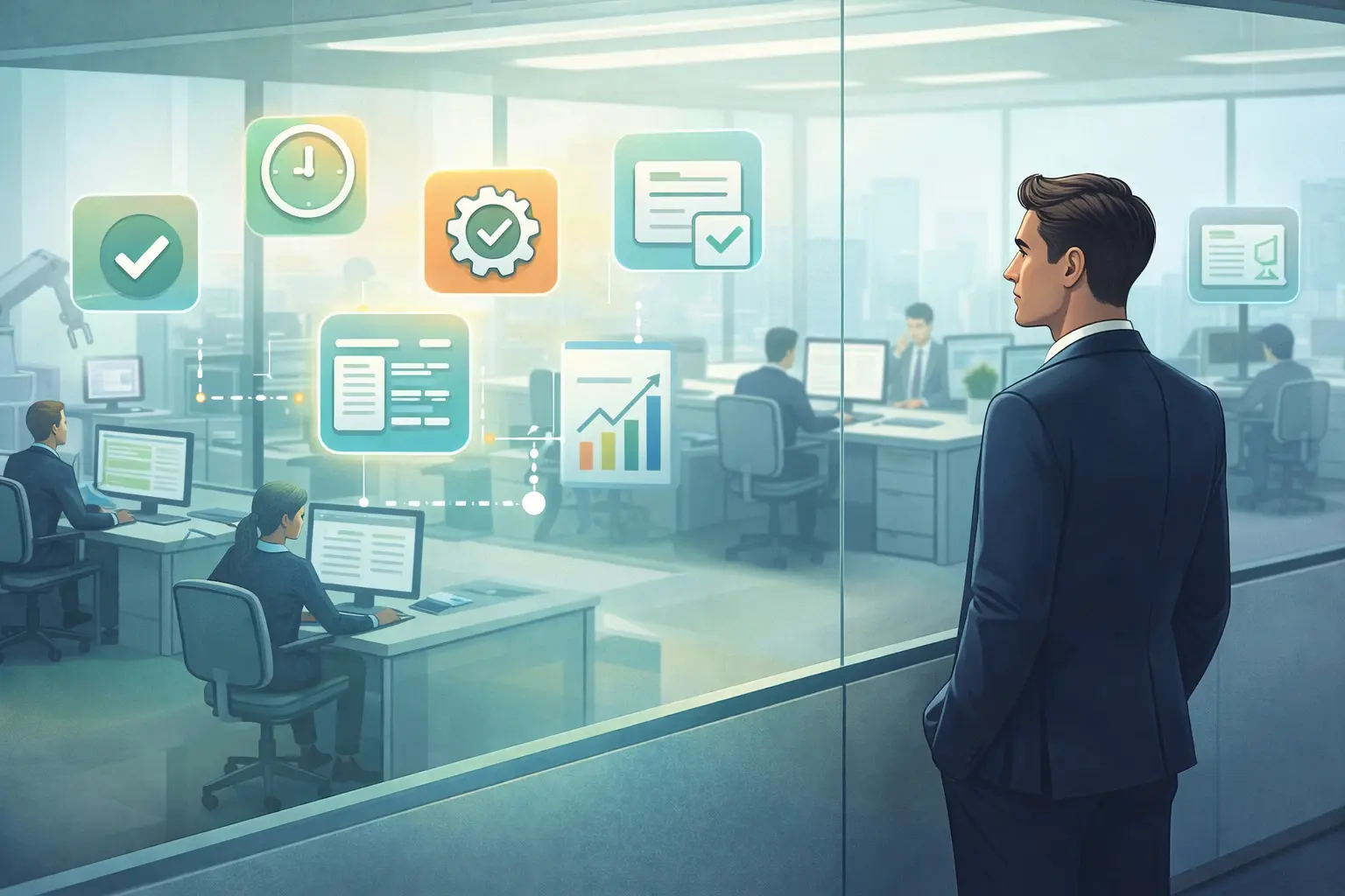 Blick einer Unternehmensführung auf eine klar strukturierte, AI-First Organisation, in der strategische KI-Nutzung zu besseren Entscheidungen, stabilen Abläufen und nachhaltigen Ergebnissen führt.